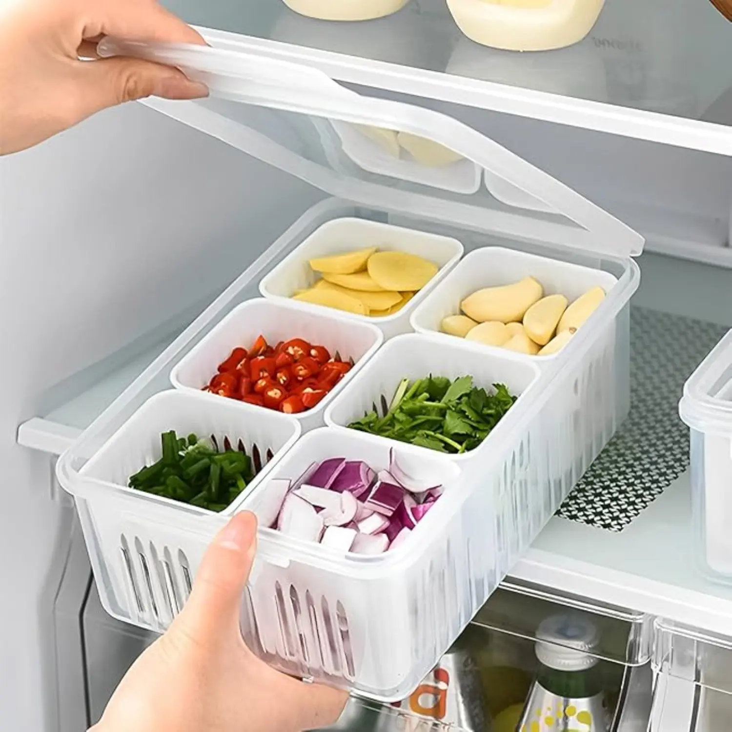 ONESHOW Modern Sealed Food Storage Box with Lid Airtight 6 Compartment Drainage Crisper for Onion Crisper Refrigerator Meal Prep Containers Kitchenware Transparent PP Material Salad