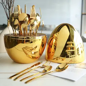Creative Egg Design Easter Tableware Set, 24pcs Stainless Steel Cutlery & 1 Count Egg-shaped Utensils Holder for Home Use, Kitchen Table Knife, Fork, Spoon Dessert and Spoon Set, Kitchen Accessories, Kitchen Set Full Set, Gold Dinnerware Set
