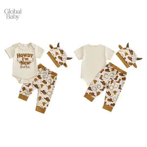 Global Baby  Boys 3PCS Outfit Sets Short Sleeve Crew Neck Boots Cattle Head Print Romper Pants Hat Sets Peach Legging Pants Beanie Hat Newborn Baby Toddler Girls Baby Arrival Clothing