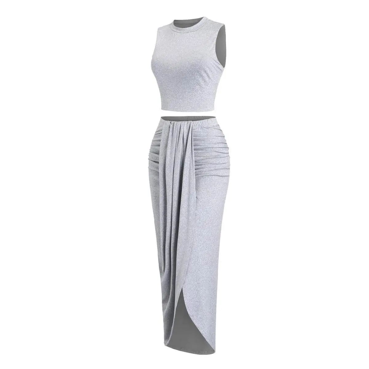 Women's 2-Piece Basic Jersey Sports Clothing Set - Breathable, High Elastane Content Tank Tops & Slim-Fitting High Waist Ruched Asymmetrical Hem Split Wrap Skirts, Summer Casual Outfit, 2 Pcs Set, Female, Sporty Chic, High Stretch