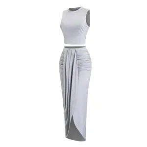 Women's Solid Crop Tank Top & Ruched Asymmetrical Hem Split Skirt Set, Casual Mock Neck Sleeveless Top & High Waist Wrap Skirt,, Cute Summer Outfit