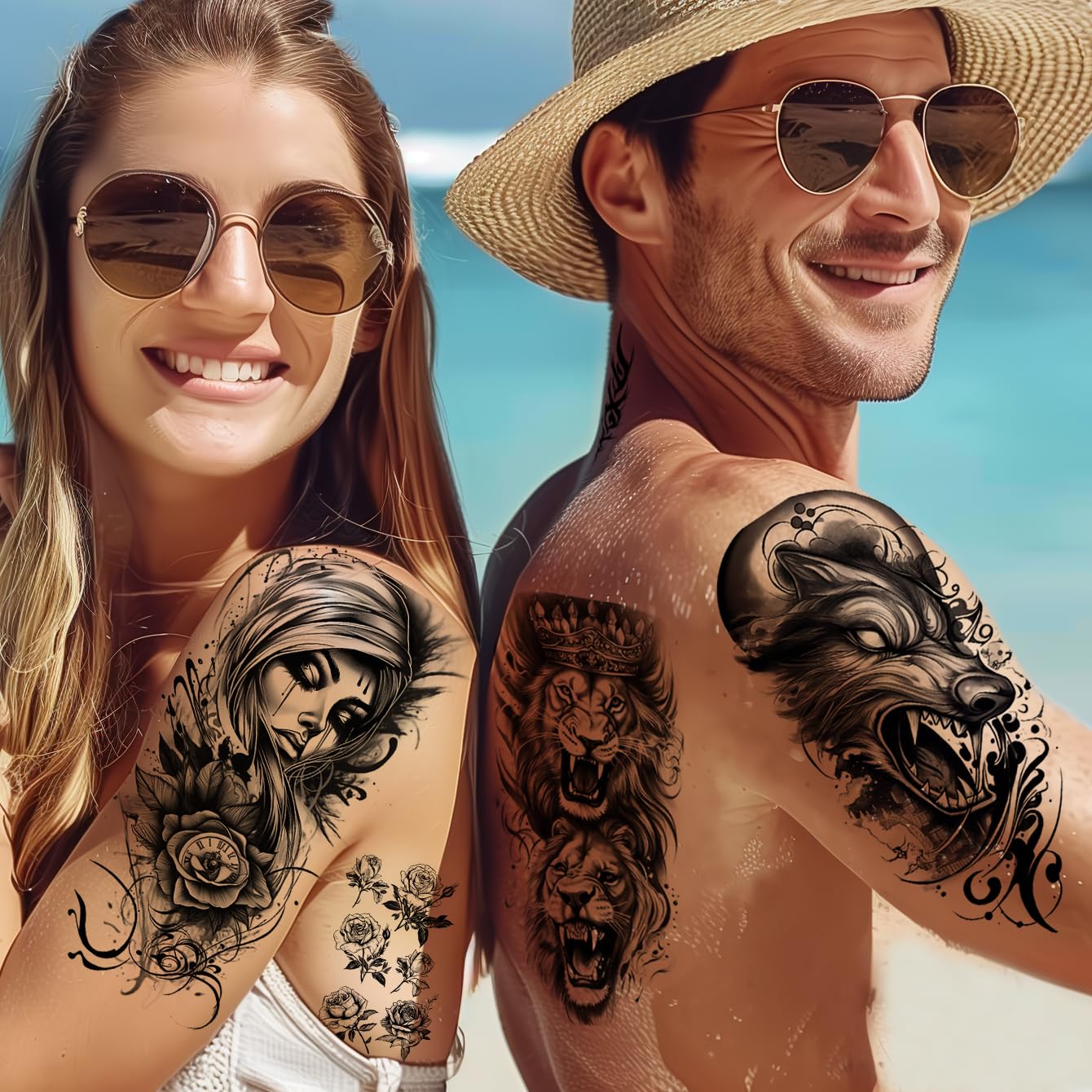 72 Sheets Temporary Tatoo 12 Large and 60 Medium-sizedsheets Black Arm Temporary Tattoos For MenForearm WomenThigh, Half Sleeve Temporary Tattoos,Halloween Tattoos Scary Lion Wolf Tiger Skull SkeletonTattoos Stickers