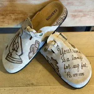 Custom Scripture homemade burn art clog in Caramel or light gray color. Footbed sandals