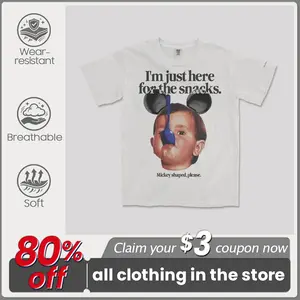 Funny Food Humor Graphic T-Shirt, I'm Just Here For The Snacks Mickey Shaped Please Retro Collage Baby Spoon Print Casual Short Sleeve Cotton Tee, Trendy Vintage Aesthetic Apparel, Daily Casual Street Wear Top For Young People Outfit