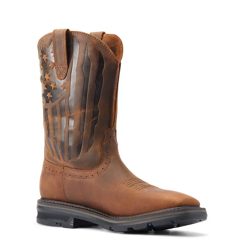 ARIAT Men's Sierra Shock Shield Patriot Full Grain Leather Work Shoe - Brown, American Flag Design, Square Toe, Pull-On Work Wear Footwear