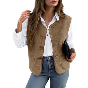 Tanakneo Womens Fuzzy Fleece Vest Sleeveless Button Down Fall Sherpa Jacket Winter Warm Old Money Outerwear with Pockets