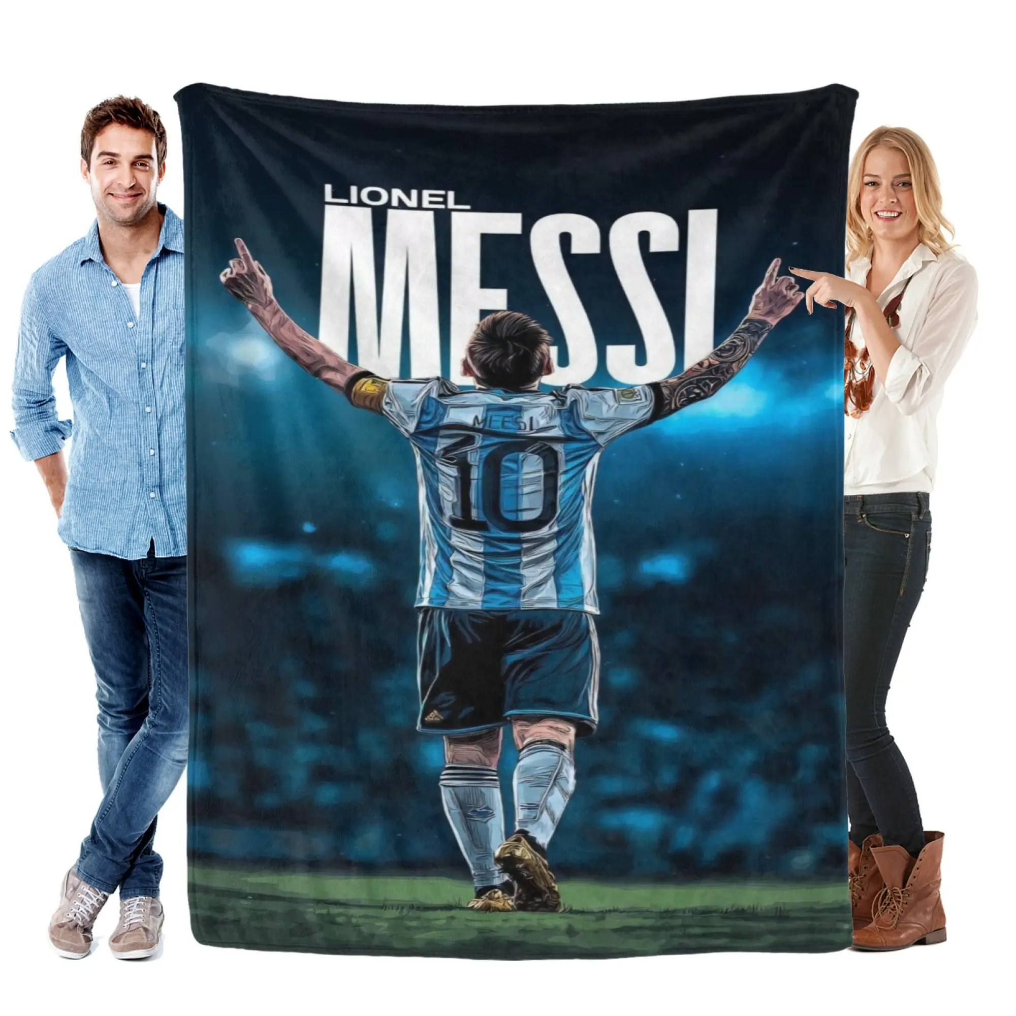 Lionel Messi Argentina 10‑Jersey Back View Celebration Flannel Throw Blanket, Dark Stadium Background Football Star Art Print Soft Warm Blanket, Soccer Fan Man Cave Bedroom Wall Decor, Ideal Birthday Gift For Die‑Hard Messi Fans