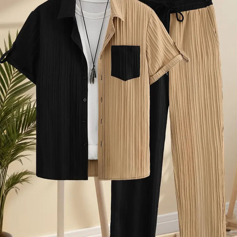 Two-piece Set Men's Colorblock Print Tropical Short Sleeve Shirt & Pants, Regular Fit Casual Button Up Collared Top & Trousers for Daily Wear, Men's Outfits for All Seasons, Casual Style Set, Summer Outfits Set, Matching Sets, Co Ord Set, Menswear