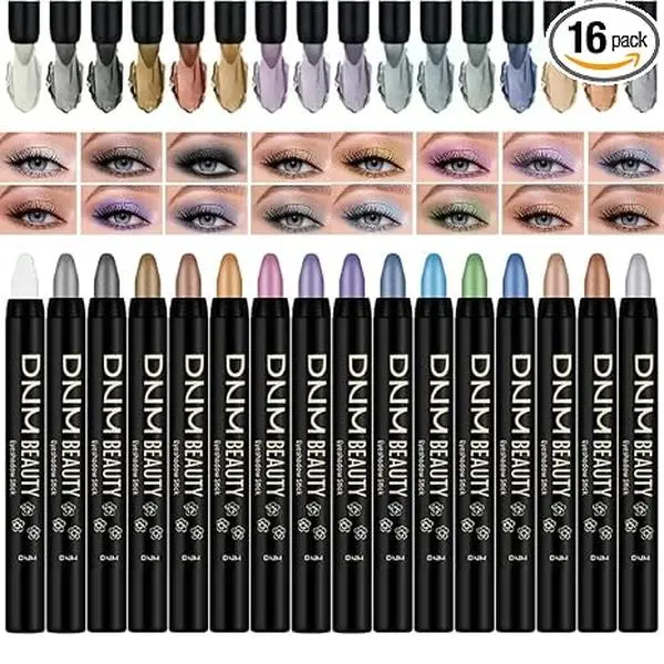 16Pcs Shimmer Eyeshadow Stick Multi-Pack, Waterproof Creaseless Cream Highlighter, Glitter Eyeliner Pen, 1-Step Sparkly Eye Brightening Long-Lasting Smudge-Proof Multi-Use Beginner-Friendly Cosmetic for Daily & Festival Looks