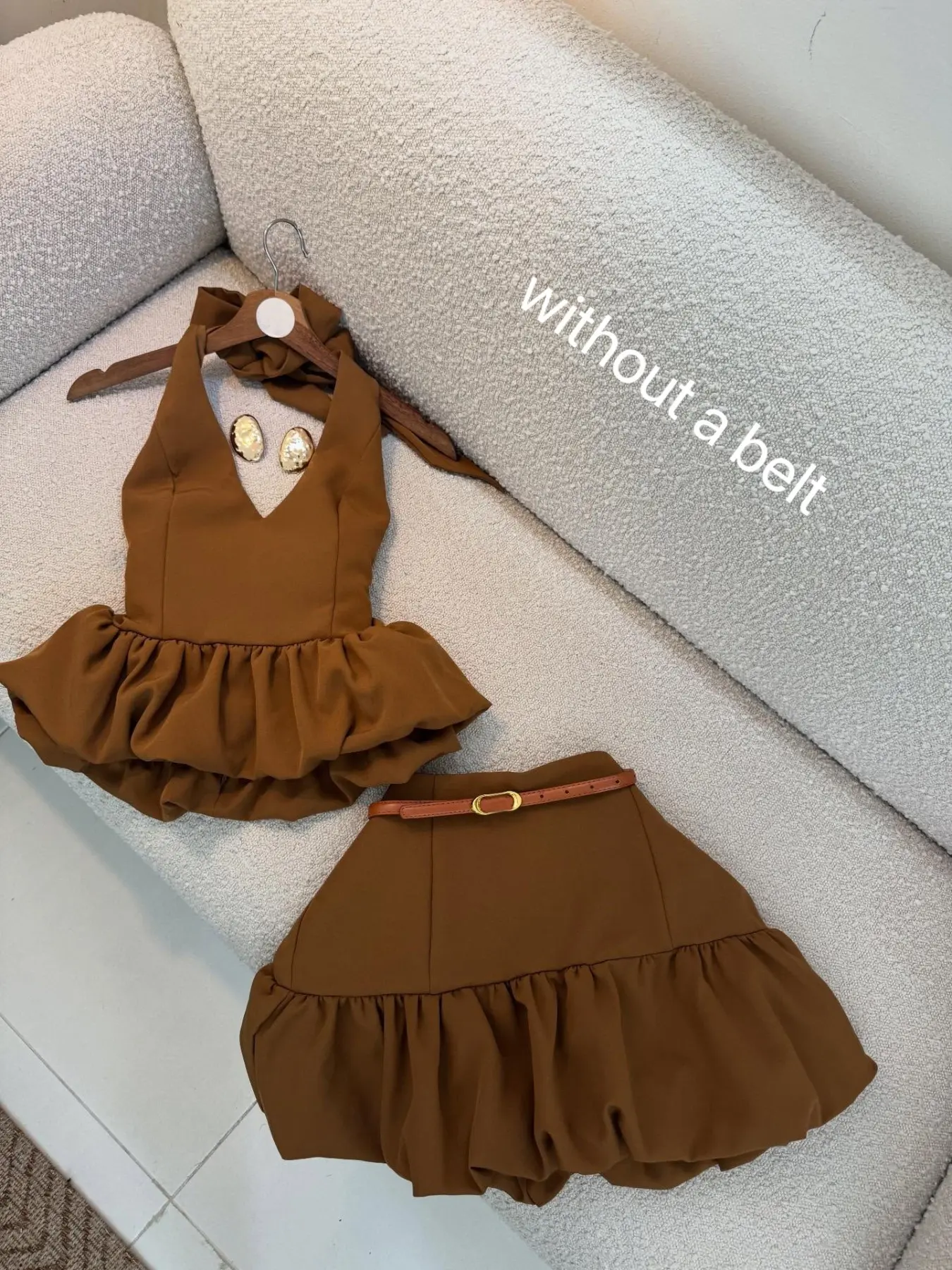 Spring Summer Sweet Spicy Waist Cinch Ruched Two-Piece Set, Halter Ruched Top + Flower Bud Skirt, Slimming Chic Fashion Women's Dress Set