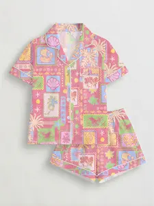 Women's Ocean Element Printed Pyjama Set, Short Sleeve Button-Up Top & Elastic Shorts, Casual Home Wear Loungewear, All Seasons