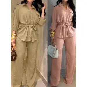 VVZ Women's 2 Pieces Outfit Vintage Turn-down Collar Roll Up Sleeve Button Front Flap Pocket Design Waist Drawstring Top and Elastic Waist Wide Leg Pants Set Casual Textured Commuting Set/Vintage Button Front Commuting Set