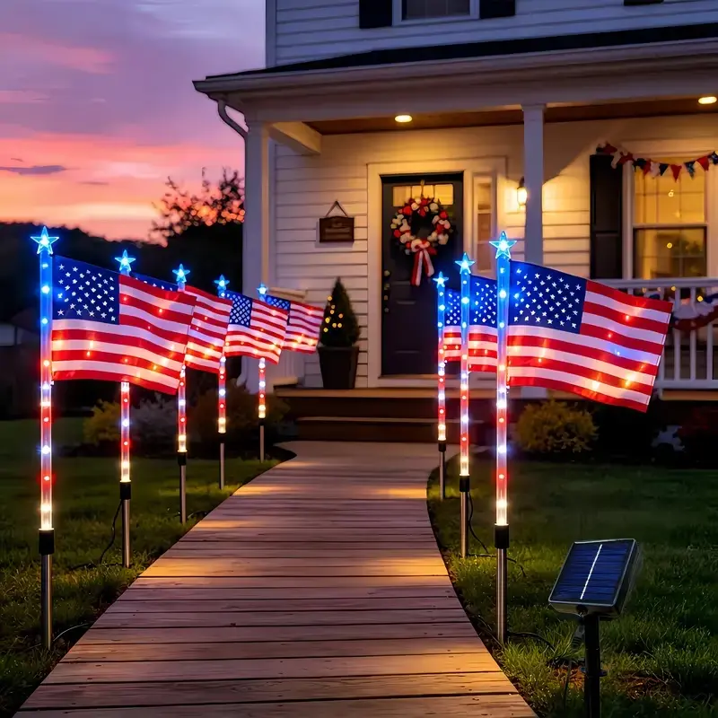 8-Piece American Flag Solar Lights Set with Solar Panel, 8 Lighting Modes, Red-White-Blue Festive Style Light-Up Decor for 4th of July Memorial Day Backyard Glow Up Pathway Garden