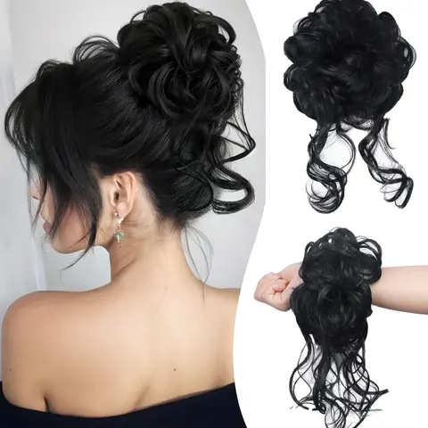 Women's Short Synthetic Messy Bun Hair Scrunchie Extensions - No-Slip Elastic Ties, Curly Wave Style, All-Day Style Companion for Daily Use & Boardroom Meetings, Instant Updo for Thin/Thick Hair