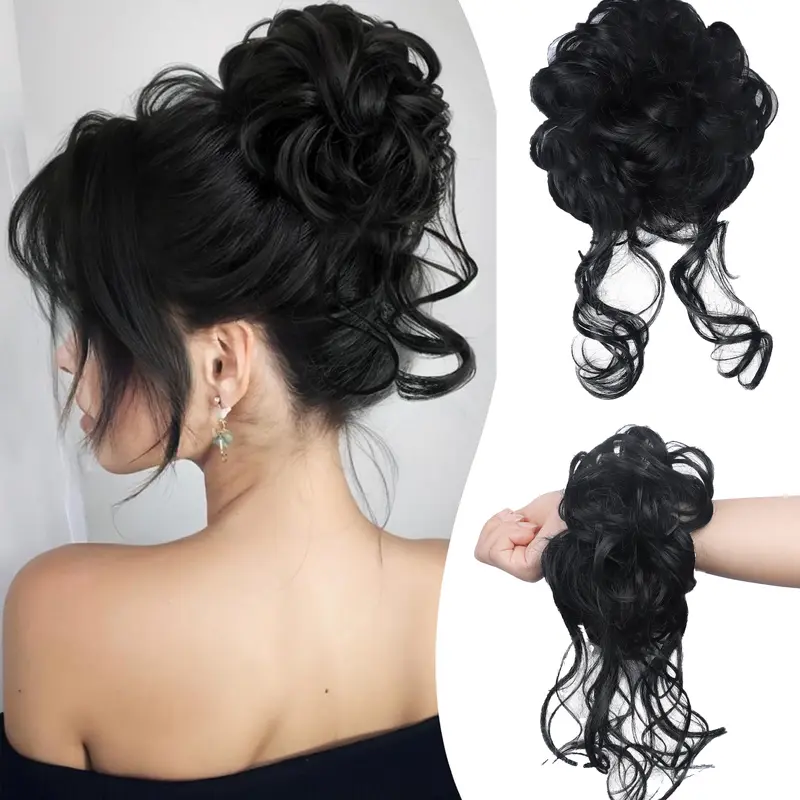 Women's Short Synthetic Messy Bun Hair Scrunchie Extensions - No-Slip Elastic Ties, Curly Wave Style, All-Day Style Companion for Daily Use & Boardroom Meetings, Instant Updo for Thin/Thick Hair
