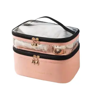 Double-Layer Makeup Bag, Transparent PU Travel Organizer, Fashionable Waterproof Storage Pouch, Large Capacity Cosmetic Holder for Girls Gift, Travel Cosmetic Bags