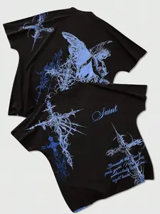 Unisex Y2K Gothic Aesthetic Cross Print Long T-Shirt, Casual Loose Fit American High Street Streetwear Short Sleeve Top, Comfortable Relaxed Style, Clothes, Fitted