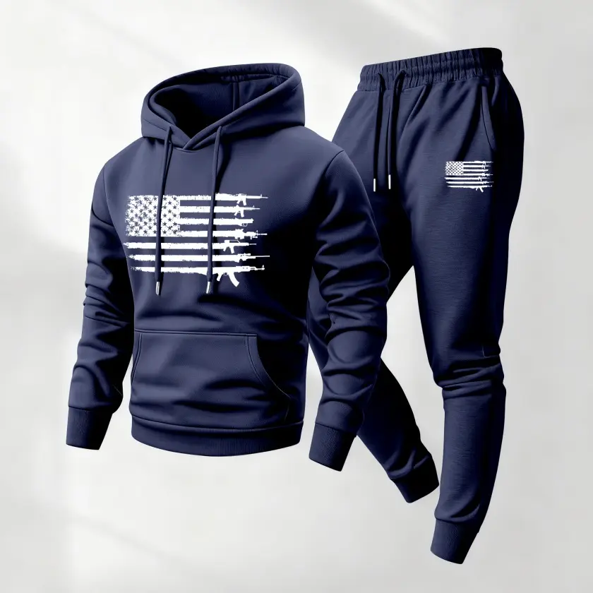 Men's Sweatsuit Set, 2-Piece Casual Athletic Polyester Outfit with USA Flag Guns Print, Loose-Fit Hoodie & Drawstring Pants for Gym, Gym Athletic Clothes, Sweatsuit Sets