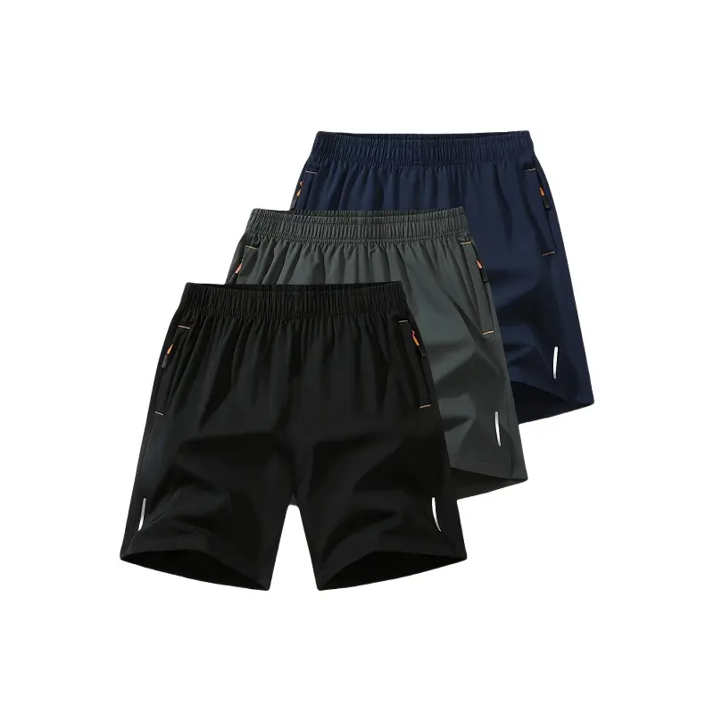 Boys' 3-Pack Loose-Fitting Quick-Dry Sports Shorts, Male 11-12y Black+Gray+Blue Casual Bottoms with Zippered Pockets, Breathable Elastic Waist Summer Outdoor Shorts