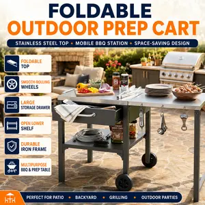 Outdoor Kitchen Cart Foldable Prep Station Portable BBQ Grill Table with Foldable Top and Storage Space Backyard Patio Food Serving Station Mobile Prep Table for Outdoor Cooking and Garden Party Gray