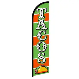 Windless Tacos Banner Flag, Green & Orange Polyester Flag with Windproof Design & Curved Sleeve, Party Decoration Supplies for Outdoor Display