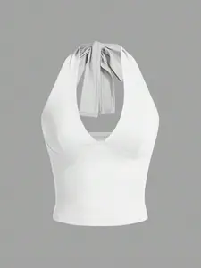 SHEIN EZwear Solid Color Halter Neck Backless V-Neck Tank Top, Casual Daily Wear