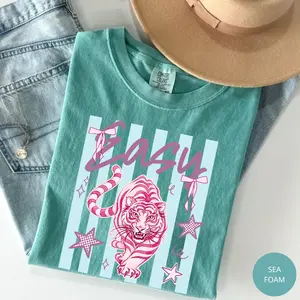 Comfort Colors Easy Tiger Summer T-Shirt, Striped Summer Tiger T-Shirt, Summer Vibe Tee, Women Top, For Woman