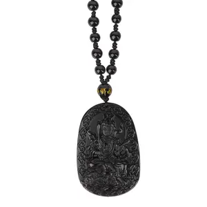 Obsidian Guardian Buddha "Manjushri" Amulet – Feng Shui Protection Necklace for Rabbit Zodiac Sign, Symbolizing Wisdom and Knowledge, Perfect Gift for Intelligence and Growth.
