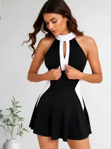 Black-and-white contrast halter hollow one-piece swimsuit dress