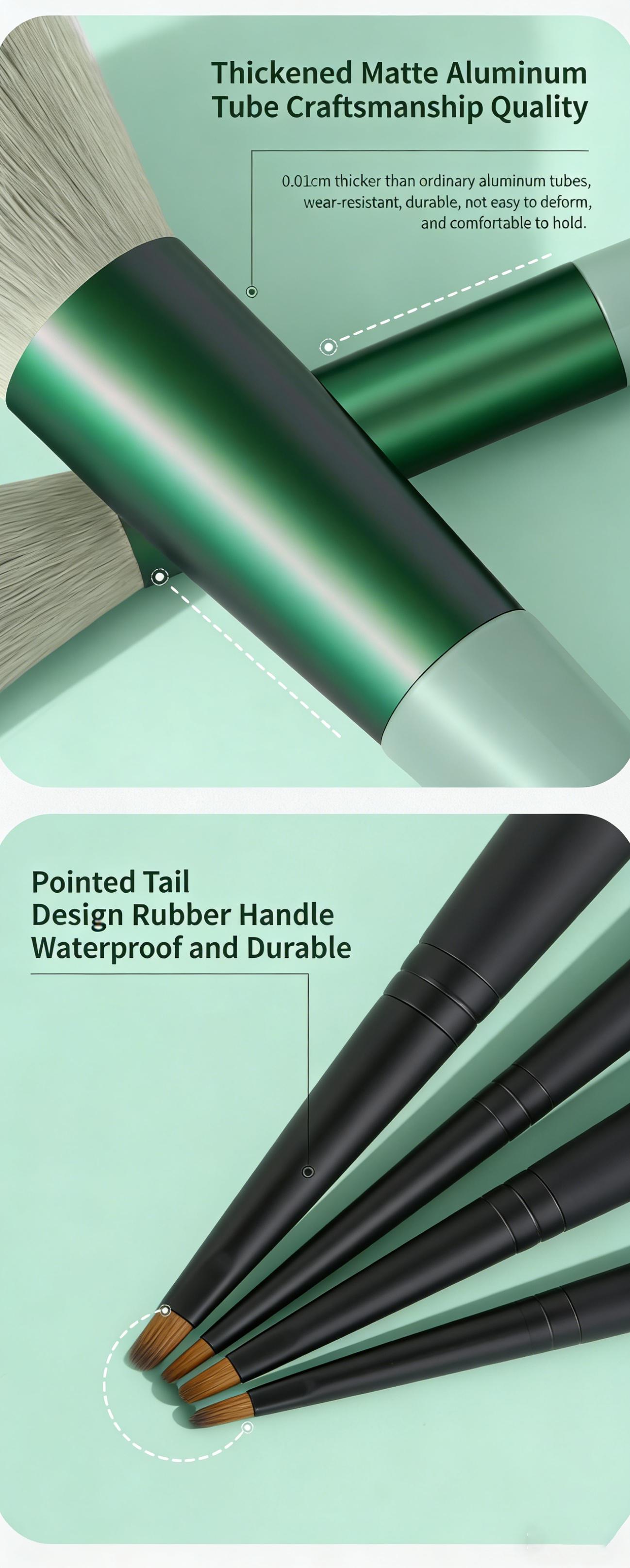 13Pcs Four Seasons Green Makeup Brush Set, Soft Synthetic Fiber Brushes for Powder Blush Eyeshadow Highlighter, Complete Beauty Tools