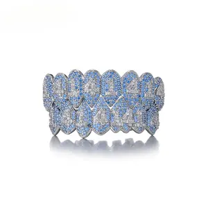 New Teeth Grillz Prong With Bling AAA Cubic Zircon Silver Color Eight Top & Bottom Vampire Grills Set For Hip Hop Gift Oral Silicone