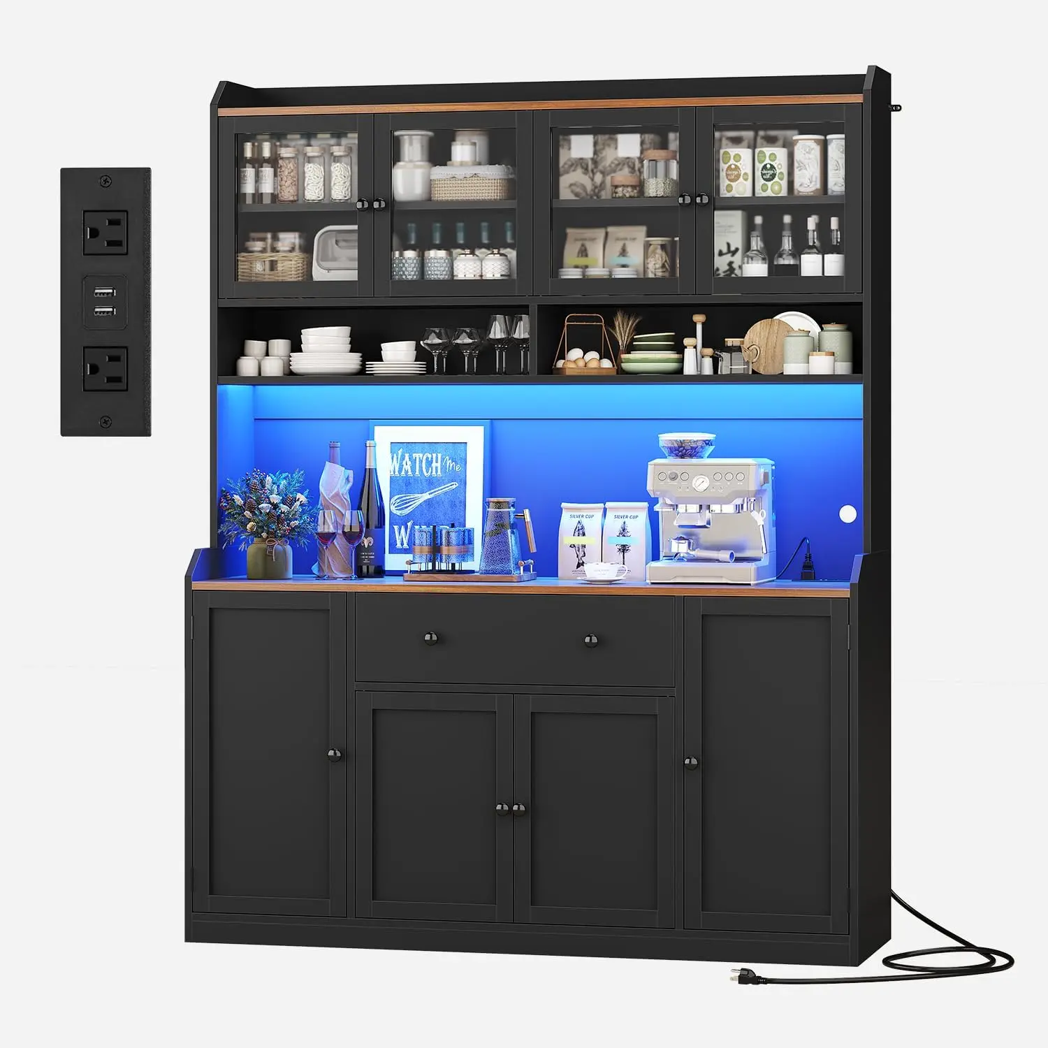 ADORNEVE 55" W Kitchen Pantry Storage Cabinet with LED Light and Power Outlet Coffee Bar Cabinet with Doors Drawer and Shelves