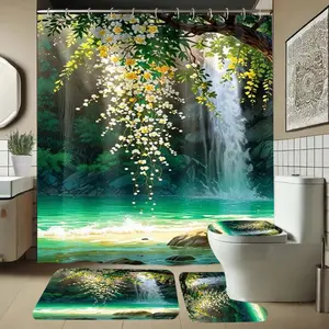 Scenic Pattern Bathroom Set Includes Shower Curtain and Rug, Non-Slip Bath Mat, U-Shaped Toilet Lid Cover Pad, Perfect for Bathrooms, Shower Curtain Sets
