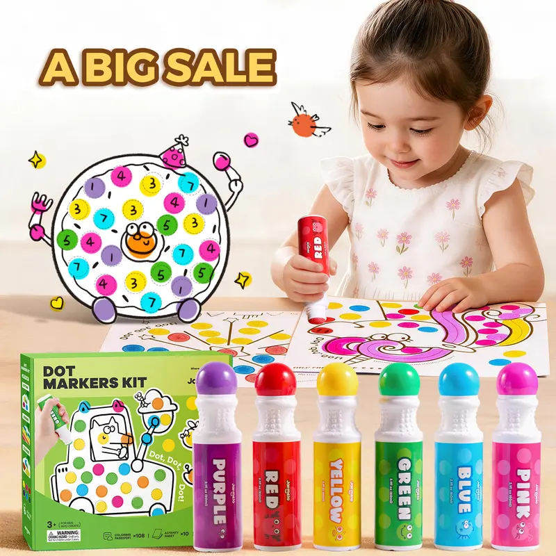 Jar Melo Washable Jumbo Dot Markers Set - 6-Color, 2.1 fl. oz. (60ML) Easy-Grip, 90% Washable, for Toddlers Ages 2+,3-4 Years, Includes 10 Physical Activity Papers & 108 PDF Coloring Books, Kids' Arts & Crafts Gift, Washable 90%