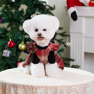 Christmas Red Plaid Dog Dress Winter Warm Puppy Clothes with Bow Cute Holiday Pet Apparel for Small Medium Dogs