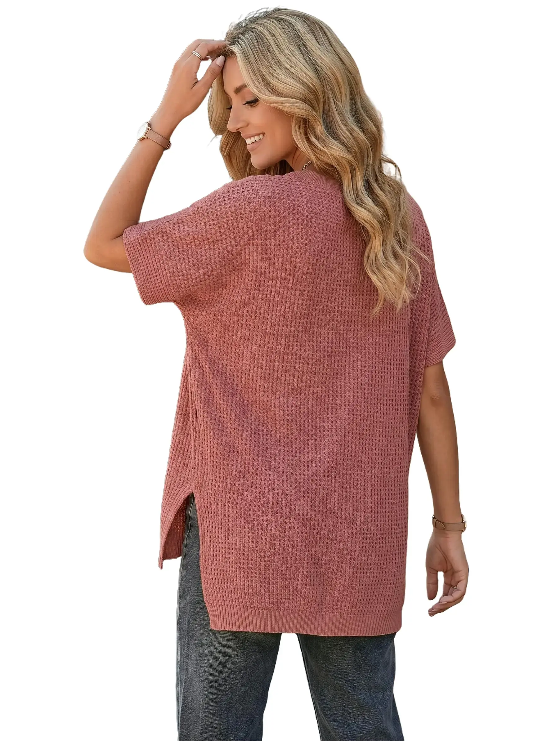 PHEFEE Women’s Oversized Batwing Sleeve Knitwear - Lightweight Waffle Knit Basic Ribbed Round Neck Tunic Top, Casual Loose Fit Summer Side Slit, Chic Crewneck Top