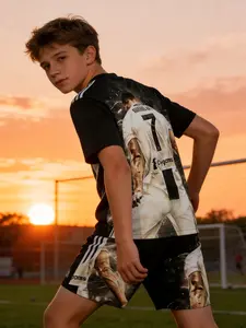 Boys' Ronaldo Soccer Jersey & Short Set, Dark Star Background, All-Over Print Design, Casual Summer Wear, Party, Vacation, School