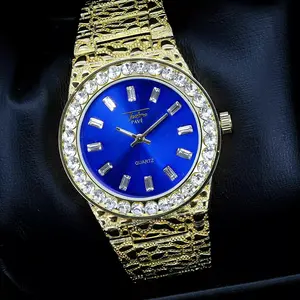 Men Wristwatch Iced Luxury Hip Hop Style Golden Nugget Bling Blue Dial Wrist Metal Shiny Fashion Watch
