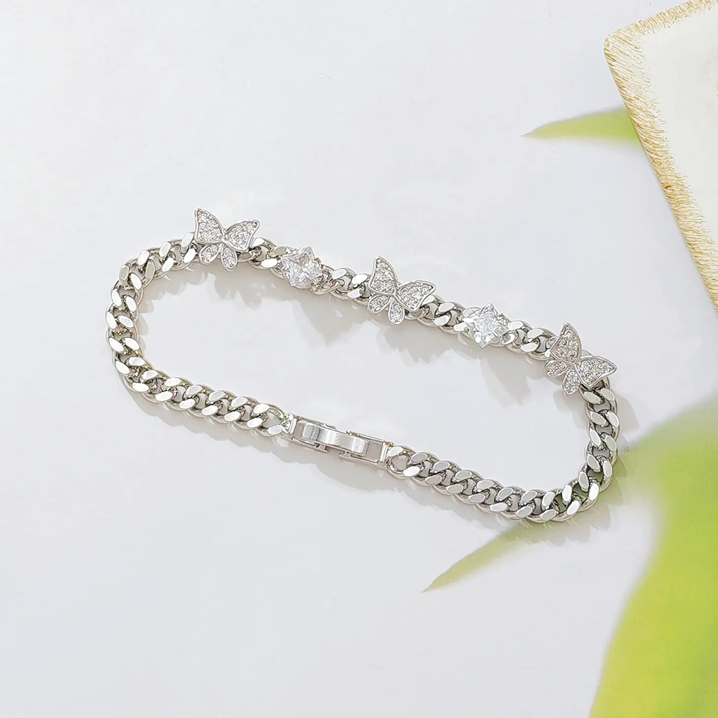Cuban Chain Bracelet for Women, Silver Plated with Sparkling CZ Butterfly & Star Charms, Modern Jewelry Gift for Birthday & Valentine's Day, Cuban Chain Design, Charm Bracelet, Bracelets
