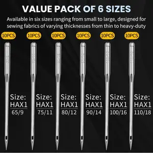Universal Sewing Machine Needles, 60pcs Compatible with Singer Brother Janome Varmax, Sizes Hax1 65/9-110/18, Plastic Box Included