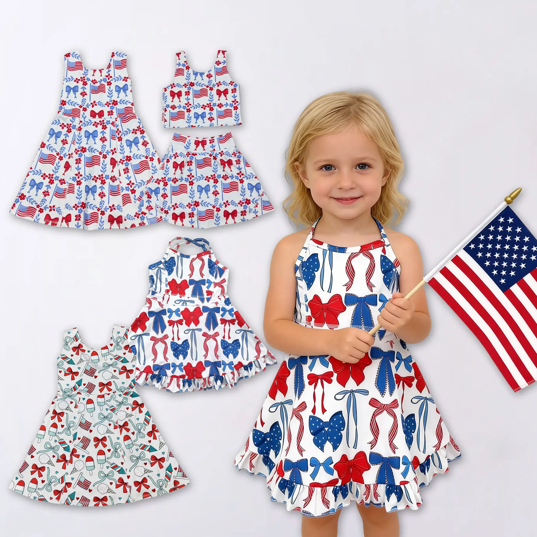 Girls' Athletic 4th of July Dress with Bike Shorts, Criss-Cross Detail, for 0-8Years Kids