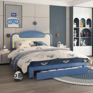 Full Twin Size Upholstered Bed Frame with LED Lights,Fabric Headboard in Double Size, Without the Need for a Spring Bed Frame, a Pink  Princess-Style Girl's Bed Frame pink ,  blue is for boy with Wooden Wooden Crossbars