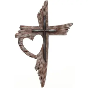 Vintage-style heart-shaped wall-mounted cross - multi-layered distressed wood grain texture, a Jesus spiritual art sculpture.