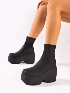 Women's Fashionable Solid Color Platform Boots, Ankle Boot, 2024 New Style Casual Square Toe Slip on Boots for Fall & Winter, Female All-match Trendy Shoes for Daily Wear, Casual Warm Boots