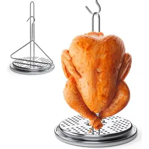 Perforated Turkey Fryer Hook with Base Rack Stainless Steel Chicken Poultry Vertical Roasting Spit with Handle Lifter for Outdoor Turkey Deep Fryer Pot Propane Stove Accessory Kit