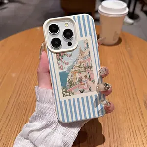 Illustration pattern of an Italian small town with blue and white stripes, fashionable, lychee texture, suitable for iPhone 17/16/15/14/13/12/11/X/XS/XS Max, shockproof and scratch-resistant, the perfect holiday gift for friends, family, and yourself