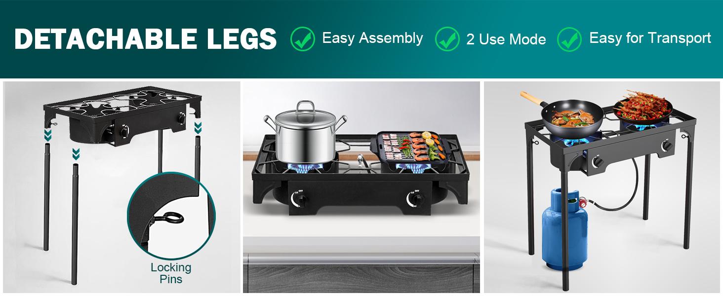 GEEKHOM Propane 3 Burner Camp Stove Outdoor High Pressure Propane 2 Burner Adjustable PSI Regulator and Steel Braided Hose With Removable Legs