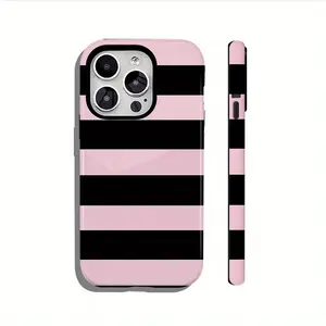Two-In-One Film Case with Black And Pink Stripes - Stylish, Shock-Resistant, And Long-Lasting Protection - Suitable for Iphone Models 16, 15, 14, 13, 12, 11, Plus, Pro, Max, an Ideal Birthday Present for Shockproof Cover