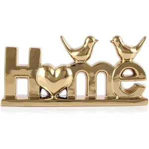 LCCCK Home Sign Statue and Gold Love Birds Figurines, Modern Animal Home Decor Knick Knack, Ceramic Bird Statue for Floating Shelf Coffee Table Bookcase TV Stand Accent Side Table Decorative