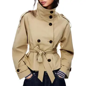 Women's Khaki Cropped Trench Coat Double Breasted Short Jacket High Collar Fitted Long Sleeve Belted Autumn Winter Coats Trendy Outfit Can be used with raincoat